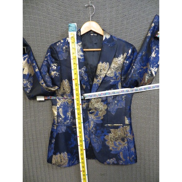 Moss London Mens Party Satin Gold Metallic Floral Skinny Button Jacquard Coat M - Picture 11 of 16